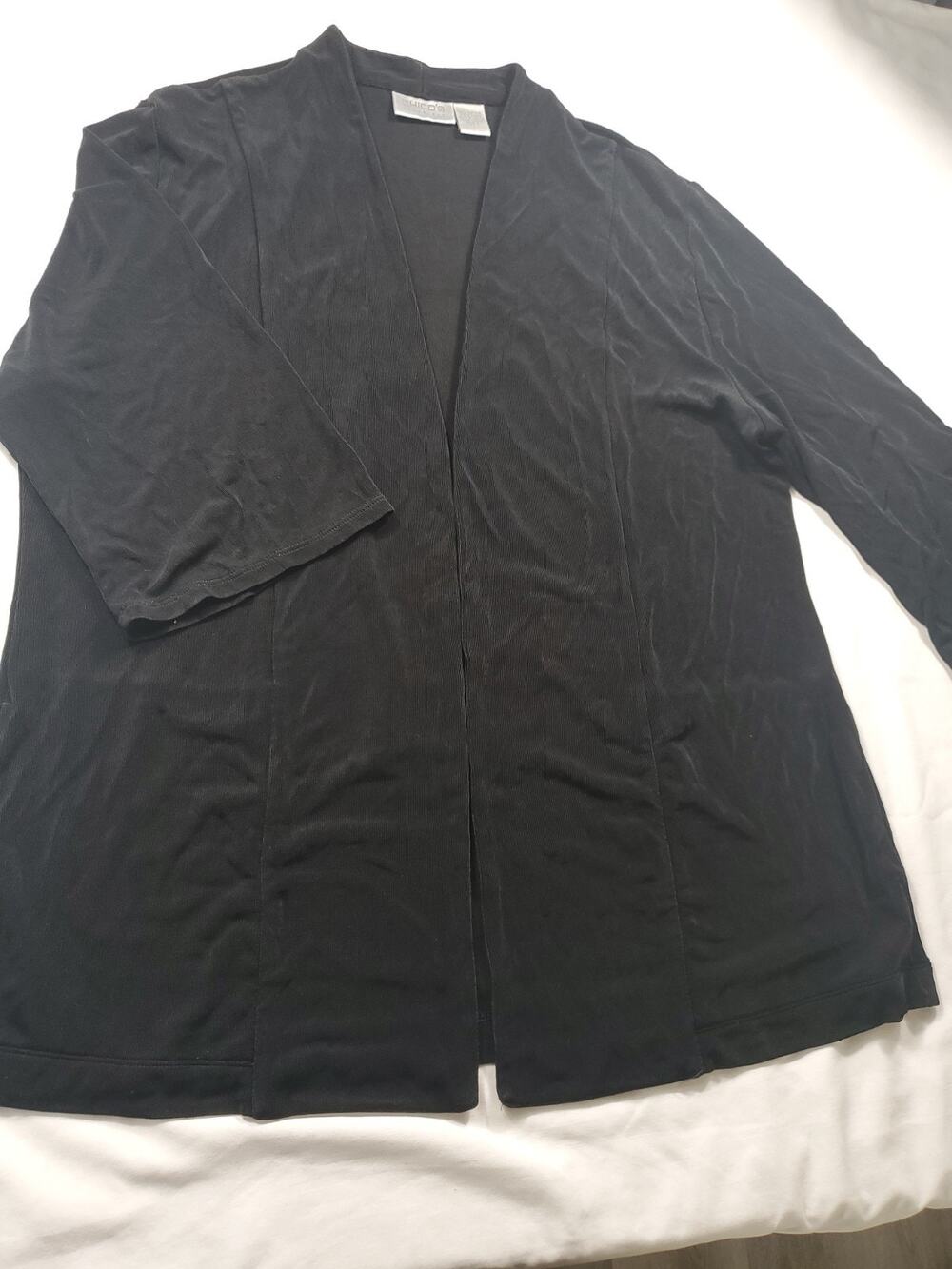 Chicos Travelers Women's Size 2 Black Open Front Drapey Cardigan Slinky Acetate